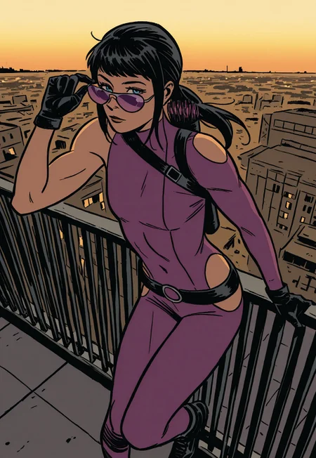 1girl, solo, detailed face, detailed eyes, toned female, katebishop, black hair, long hair, sidelocks, ponytail, blue eyes, covered navel, small breasts,
BREAK
(purple-tinted eyewear, aviator sunglasses:1.2), purple bodysuit, clothing cutout, hip vents, black gloves, black belt, black boots, quiver on back,
BREAK
dynamic angle, dynamic pose, leaning, back against railing, looking at viewer, (looking over eyewear, adjusting eyewear:1.3),
BREAK
outdoors, rooftop, cityscape, horizon, golden hour lighting, detailed background,
BREAK
(safe_pos, fine texture, masterpiece, ultra-detailed, very aesthetic, absurdres, volumetric lighting, scenery, newest, absolutely eye-catching, vivid colors, rating_explicit), aja,
BREAK