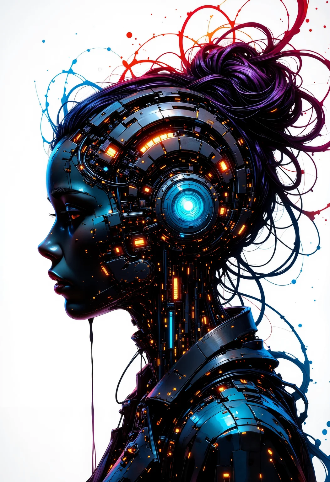 A digital cyberpunk art splash in the style of bo-cyborgsplash, a person with an elaborate head made up of various technological elements, creating a visually striking composition<lora:boFLUX Cyborgsplash.safetensors:1.0:1.0>