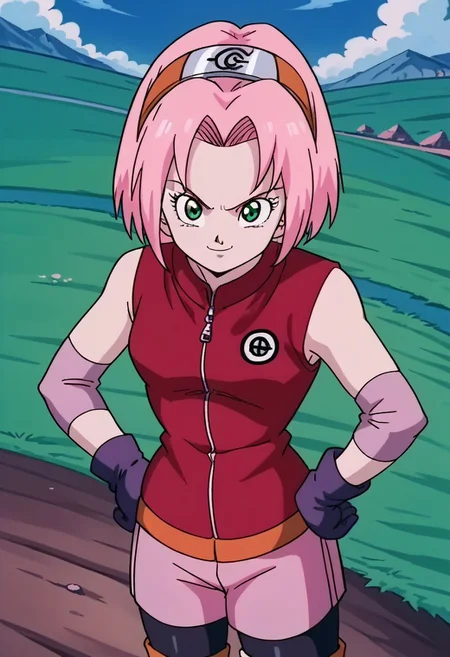 score_9, score_8_up, score_7_up, source_anime,
sakuraharuno, <lora:sakura-haruno-shippuden-s1-ponyxl-lora-nochekaiser:1>,
sakura haruno, short hair, green eyes, pink hair, parted bangs, hairband, forehead protector,
gloves, green eyes, sleeveless, black gloves, red shirt, zipper, forehead protector, konohagakure symbol, boots, bike shorts, zipper, toeless footwear,
outdoors, landscape, smile, hands on hips,
cowboy shot, looking at viewer, solo, dutch angle,retro artstyle, 90s dbz style, style dragon ball z girls 90s.