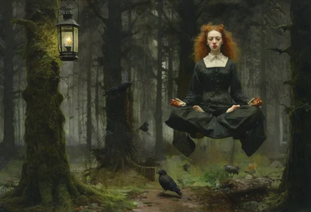 1girl, lotus pose, levitate, above mossy forest floor, trees, crows, rats, lantern, dark, night, oil painting, artwork by egon schiele and ridley scott and Jan Vermeer, sidelight, perfect face
<lora:Witch_SDXL_r1:0.5> w1+ch, <lora:Dramatic Lighting Slider:0.9> <lora:Breast Size Slider:1.5>
<lora:levitate-PNY-SDXL-SD15-Panache-000008:1.1>