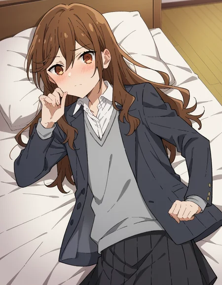 score_9, score_8_up, score_7_up, source_anime,
kyoukohori,  <lora:kyouko-hori-s2-ponyxl-lora-nochekaiser:1>,
kyouko hori, long hair, bangs, brown hair, hair between eyes, brown eyes,
shirt, school uniform, jacket, collared shirt, blazer, sweater, grey sweater, white shirt, black blazer, skirt, black skirt,
indoors, bed, bed room, on side, blush, drunk,
cowboy shot, looking at viewer, solo, dutch angle,