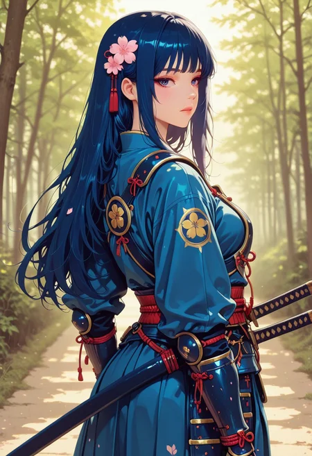 masterpiece, best quality, good quality, very aesthetic, absurdres, newest, 8K, depth of field, focused subject, in the style of cknc, artist:moriimee, in the style of cknc, in the style of cksc, intricate linework with expressive contrasts, soft lighting with dynamic highlights, image of a Japanese woman in blue plated leather samurai armour, long hair, bangs, sakura flower in her hair, a katana in its scabbard at the waist, walking along a wooded trail, turning her head to look back at the viewer, detailed face, cowboy shot