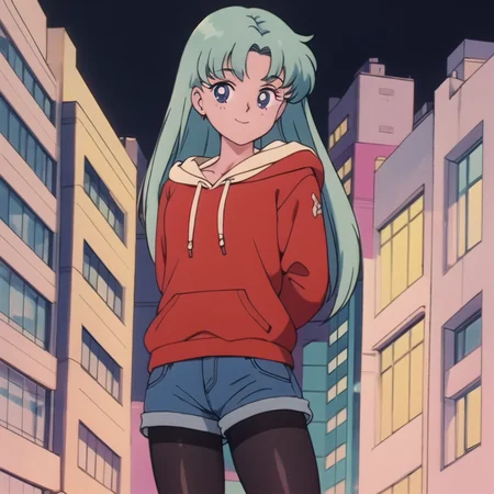 best quality, masterpiece,  <lora:smv1-10:1>, 1girl, light smile, looking at viewer, light blue hair, long hair, city, night, cowboy shot, arms behind back, hooded sweater, shorts, black pantyhose, anime screencap, faux traditional media, 1990s \(style\), perfect composition