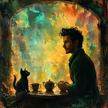 DORIAN an elegant leprechaun, ate a hearty breakfast, and watched a Munchkin, who played with Toto and pulled his tail and crowed and laughed in a way that greatly amused Dorothy. <lora Dreamyvibes Artstyle:0.4>