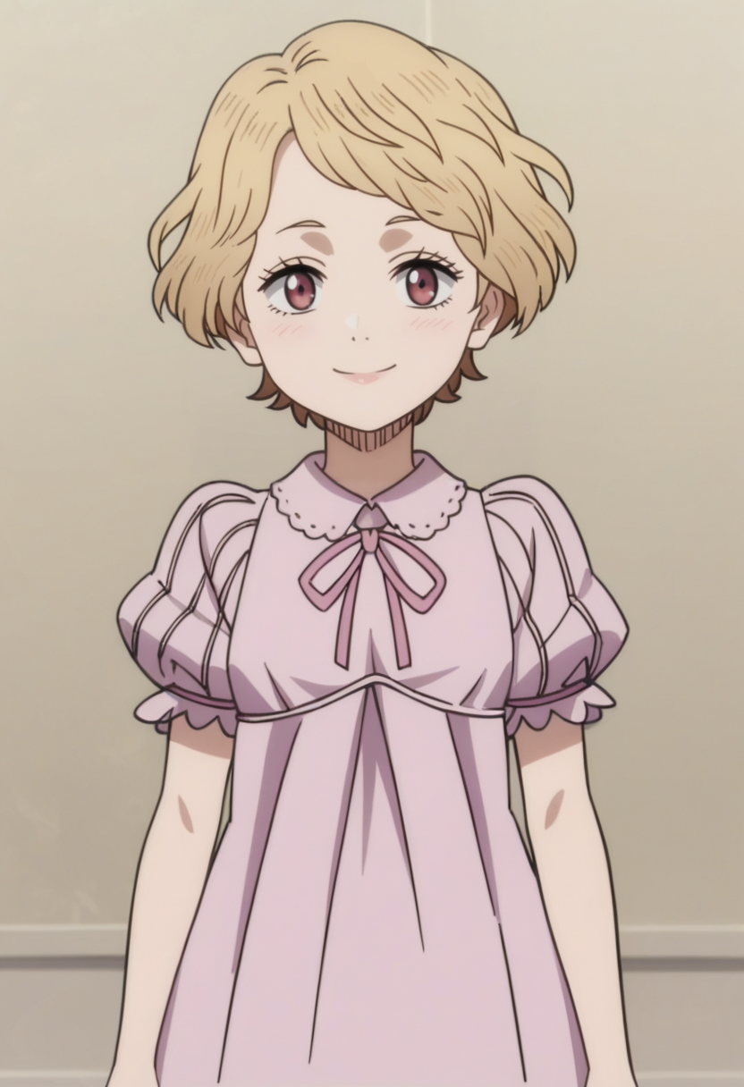score_9, score_8_up, score_7_up, source_anime,anime screencap, anime coloring,intricate details,rating_safe, masterpiece, best quality,
(best quality, absurd res, ultra detailed),1girl, ((solo)), good eyes,perfect eyes,,detailed eyes, zPDXLxxx , zPDXL3,detailed, detailed face, <lora:add-detail-xl:3>,
BREAK
<lora:Marie_Adlai:0.8>, marie, female child, child, , brown eyes, blonde hair, short hair, pink dress, short sleeves, puffy sleeves,
solo, standing, front view,
smile,