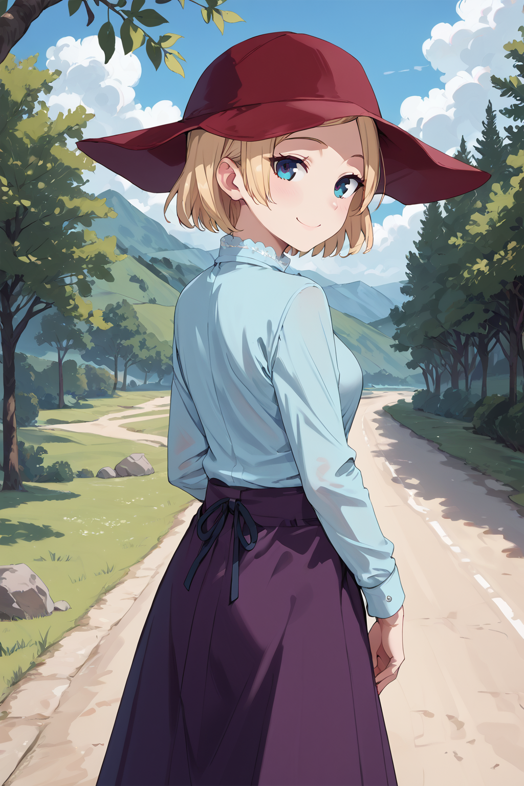 score_9, score_8_up, score_7_up, , source_anime, BREAK,   <lora:hasakamama_pony-000009:1>hayasakamama, 1girl, solo, blonde hair, blue eyes, looking at viewer, short hair, long sleeves, blue shirt, purple skirt, , smile, long skirt,  outdoors, cowboy shot, parted bangs,  looking back, red hat, medium breasts,  from behind,