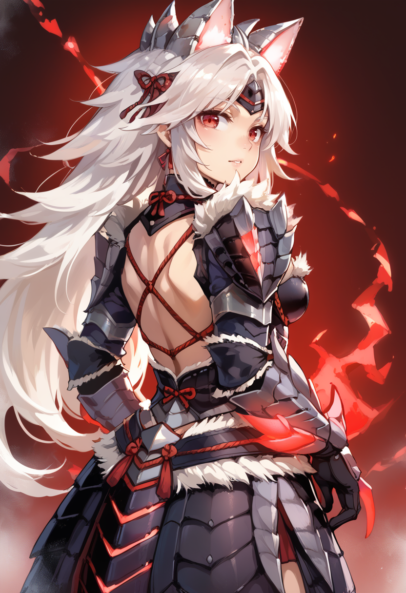 (score_9:0.9),score_8_up,score_7_up,rating_explicit,(zPDXL),(zPDXL3),s,<lora:Zinogre Z Armor Alpha ponyXL v1:0.71>,zinogre z armor alpha,1girl,red eyes,solo,looking back,white hair,black gauntlets,black armored dress,red energy,black shoulder armor,fake cat ears,from behind,