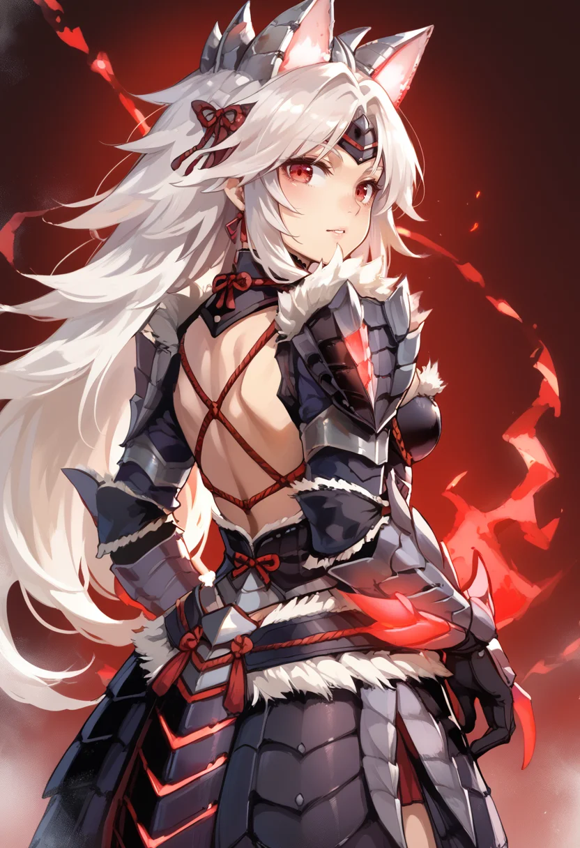 (score_9:0.9),score_8_up,score_7_up,rating_explicit,(zPDXL),(zPDXL3),s,<lora:Zinogre Z Armor Alpha ponyXL v1:0.71>,zinogre z armor alpha,1girl,red eyes,solo,looking back,white hair,black gauntlets,black armored dress,red energy,black shoulder armor,fake cat ears,from behind,