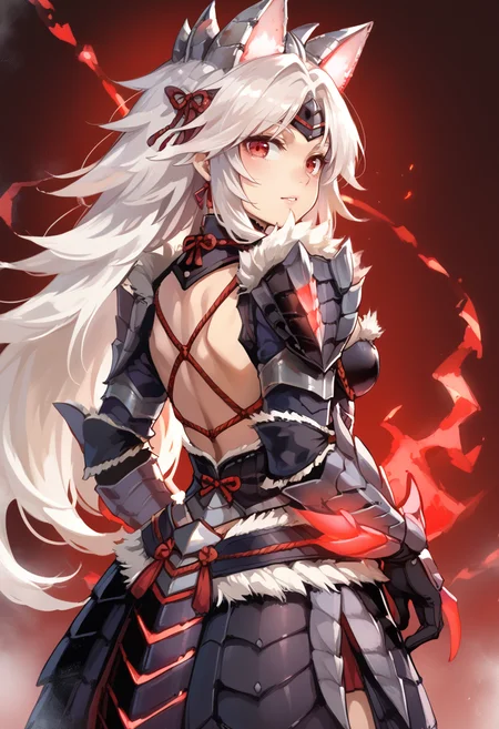 (score_9:0.9),score_8_up,score_7_up,rating_explicit,(zPDXL),(zPDXL3),s,<lora:Zinogre Z Armor Alpha ponyXL v1:0.71>,zinogre z armor alpha,1girl,red eyes,solo,looking back,white hair,black gauntlets,black armored dress,red energy,black shoulder armor,fake cat ears,from behind,