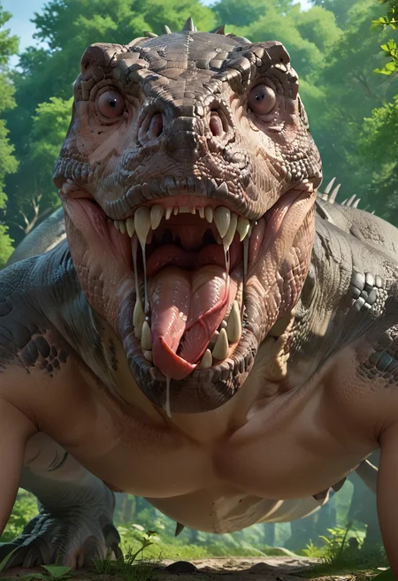 Stable_Yogis_PDXL_Positives, score_9, score_8_up, score_7_up, score_6_up, score_5_up, score_4_up, source_anime, T-REX, Tyrannosaurus, dinosaur, (no human face:1.2), roar, howl, menacing, fierce, ferocious, (tyrannosaurus head, fang:1.3), smile, smirk, grin, mouth shot, mawshot, open mouth, vore, imminent vore, oral invitation, saliva, tongue, throat