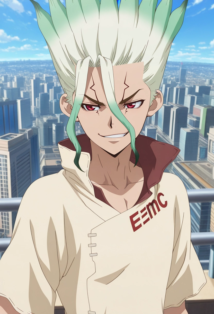 masterpiece, best quality, , anime screencap, anime coloring, official style, , 1boy, solo, male focus, <lora:senkuu_ishigami_ilxl:0.96>, senkuu_ishigami, green hair, red eyes, multicolored hair, two-tone hair, white hair, facial mark, panorama, city, city lights, day, singing, smirk, vandal costume