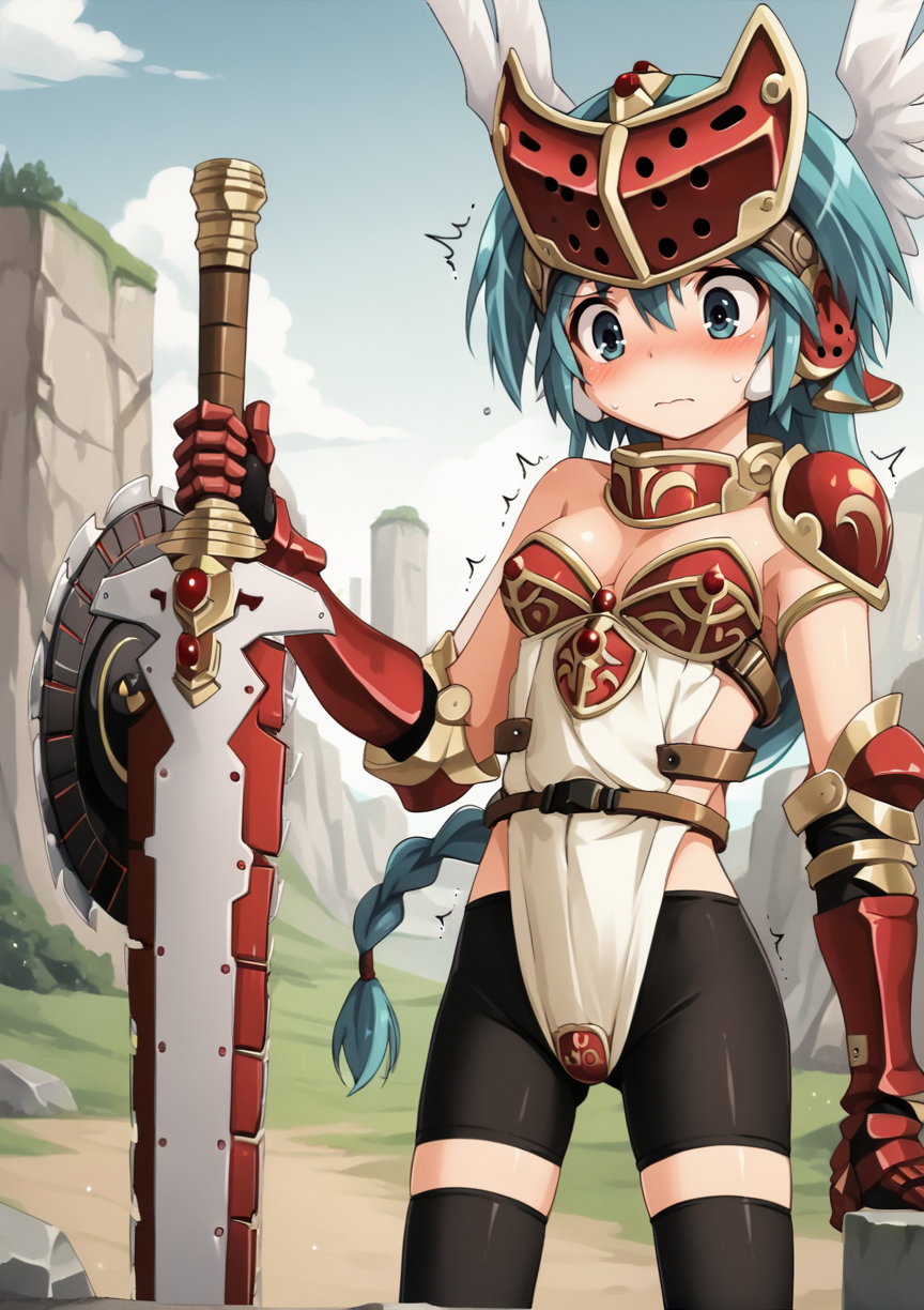 1girl, long hair, aqua hair, aqua eyes, braid, headband, head wings, armor, shoulder pads, revealing clothes, gauntlets, Thighhighs, greaves, winged footwear, sword, shield, standing, outdoors, valley, trembling, nervous, cowboy shot,  bike shorts <lora:Mirim_Queens_Blade_Rebellion_XL:1>, score_9, score_8_up, score_7_up, score_6_up, score_5_up, score_4_up, BREAK source_anime, masterpiece