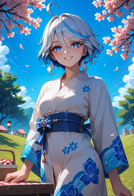 score_9, score_8_up, score_7_up, score_6_up, masterpiece, best quality, absurdres, cinematic, dynamic angle, perfect composition, solo, 1girl, medium breast, Furina, blue eyes, short hair, multicolored hair, white hair, blue hair, ahoge, hair intakes, yukata with sakura print, obi tied with a bow, hairpin with cherry blossoms, picnic setup, lanterns, vibrant atmosphere, smile, blush, looking at viewer,