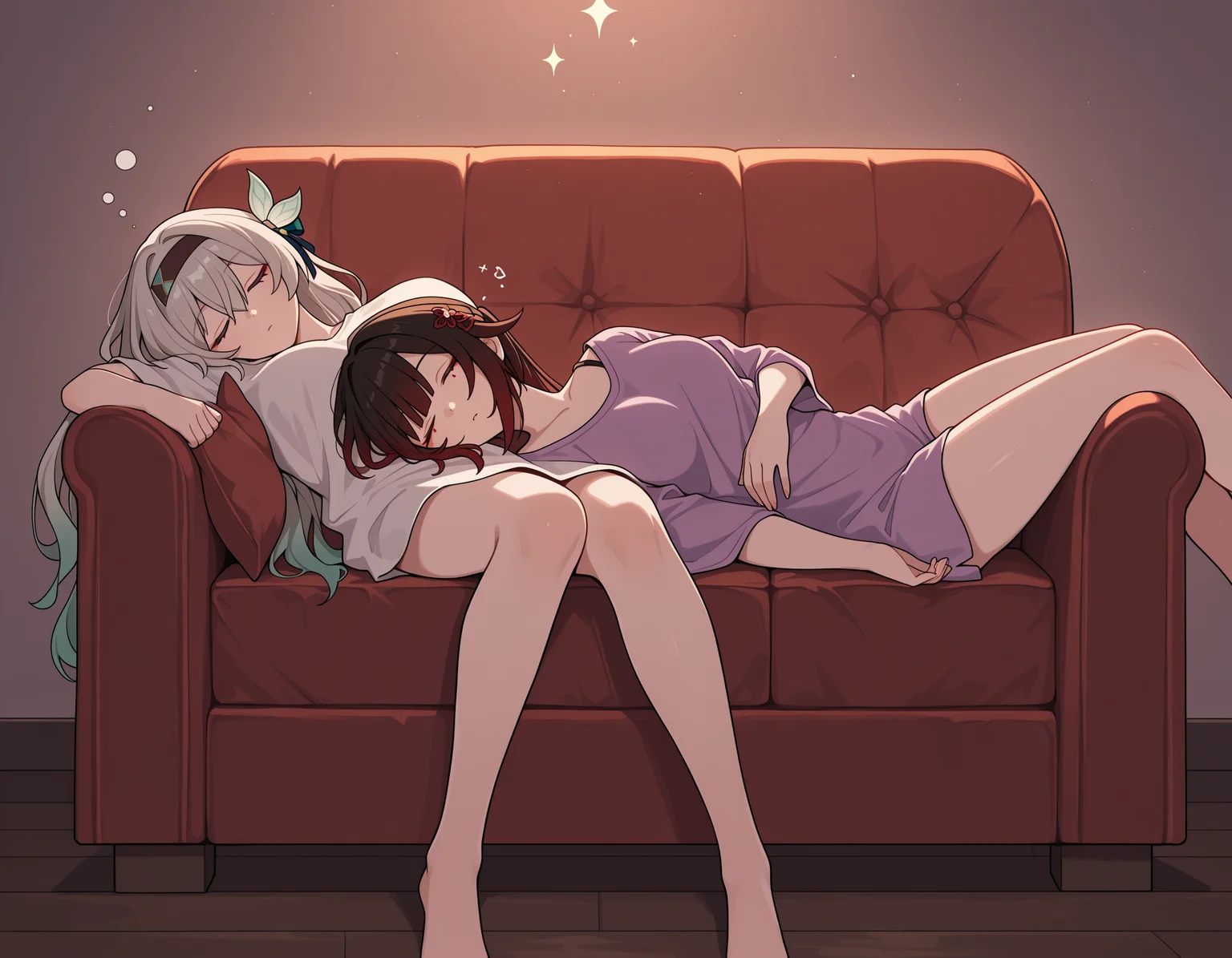 <lora:midis_CouchSharing_V0.5[IL]:1> , couch sharing,sitting,  lying,  sleeping, sitting, sparkle \(honkai: star rail\), firefly \(honkai: star rail\),, masterpiece,best quality, very aesthetic,absurdres,newest,