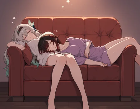 <lora:midis_CouchSharing_V0.5[IL]:1> , couch sharing,sitting,  lying,  sleeping, sitting, sparkle \(honkai: star rail\), firefly \(honkai: star rail\),, masterpiece,best quality, very aesthetic,absurdres,newest,