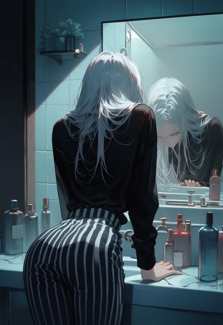 score_9, score_8_up, score_7_up, 1girl, long white hair, leaning over sink, facing mirror, cracked mirror, bathroom setting, blue lighting, striped pants, red and white stripes, black long-sleeve shirt, expressive reflection, intense expression, looking down, holding sink, square tiles, shadowy atmosphere, bottles on sink, waist-up, night scene, dramatic contrast, from behind, cowboy shot