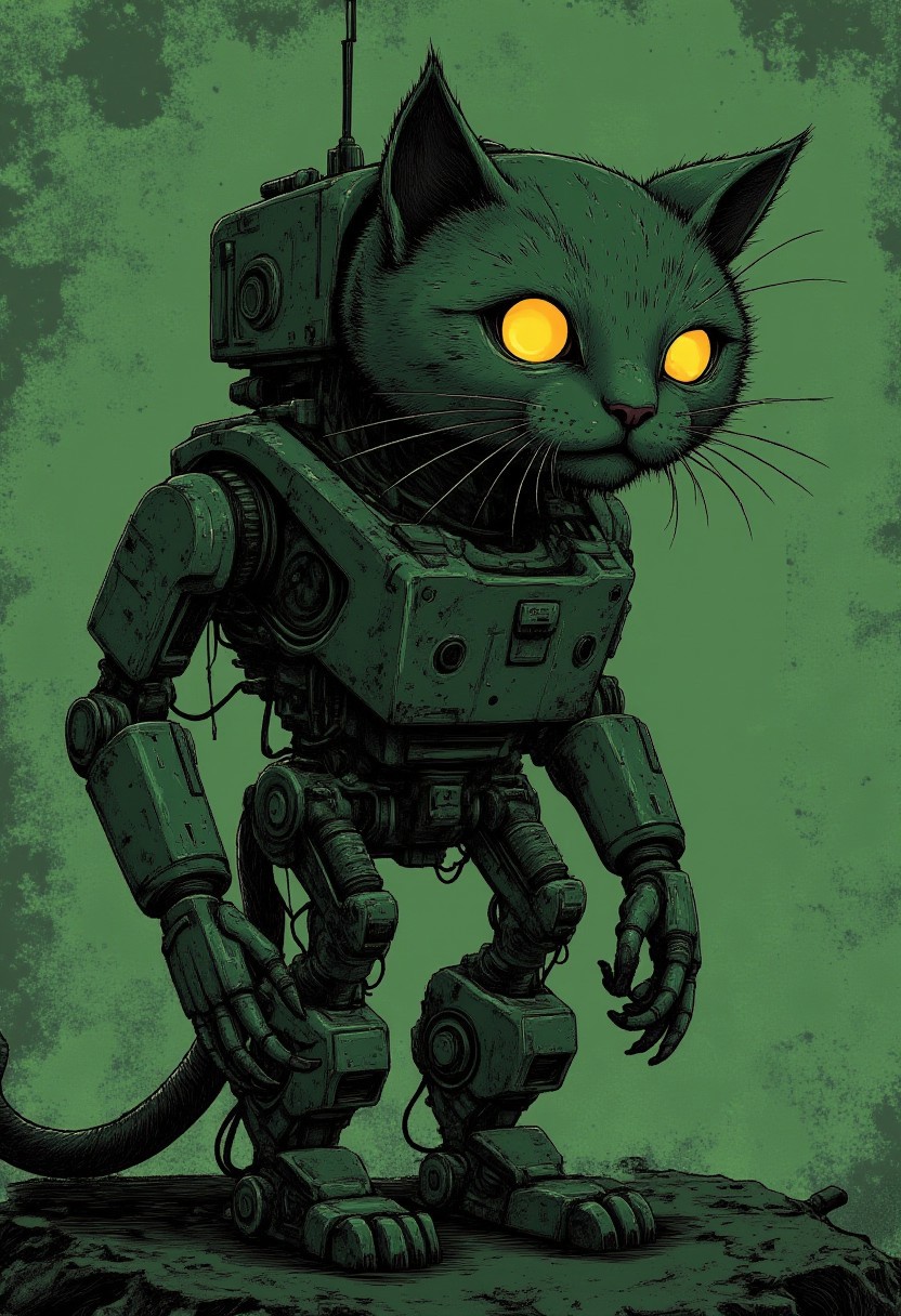 A cat cyborg, green tint, retro illustration, dark and drab colors