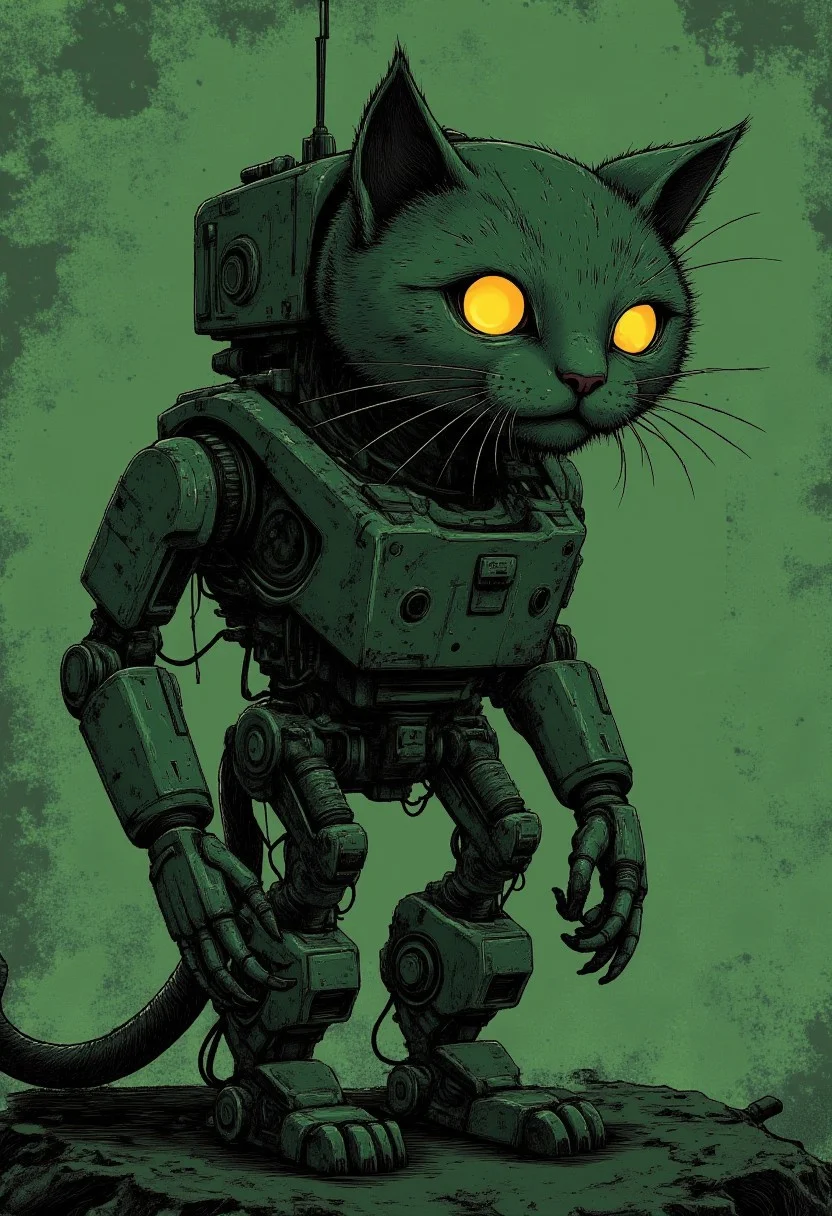 A cat cyborg, green tint, retro illustration, dark and drab colors