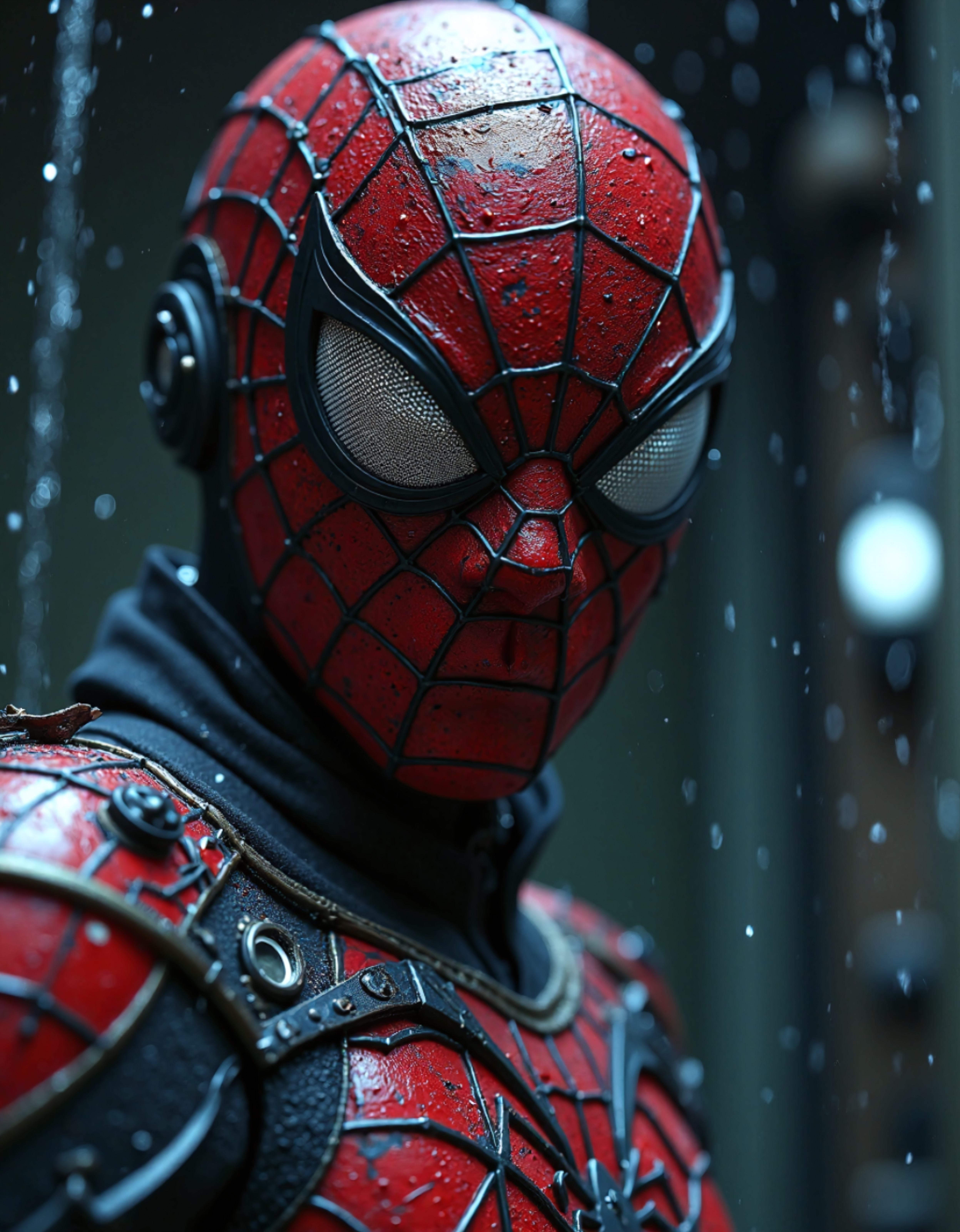 sci-fi style (dark mood masterpiece Photography:1.2), a portrait of Spiderman, modern, fuzzy lighting, dark mood, (rule of thirds composition), mysteriouse, emotional, highly detailed, melancholic, refraction, low-light hyper detailed photography, partially damaged armor, no visible facial features, no lips, eye-level shot,close-up,style by mike mignola,light and shadow plays,silhouette lighting . futuristic, technological, alien worlds, space themes, advanced civilizations