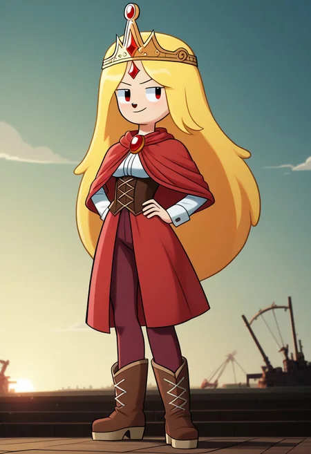 mangamaster, flame_princess, adventure_time, 1girl, red_eyes, blonde_hair, the intrepid time traveler, steps out of a vintage time machine, wearing a stylish steampunk outfit, ready to explore a new era. [Steampunk, Time Travel, Adventure]