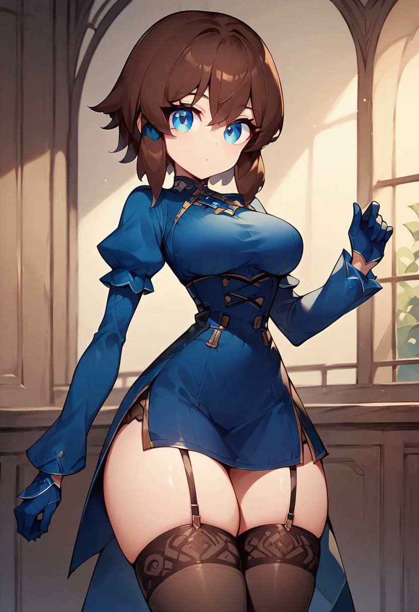 score_9, score_8_up, score_7_up, masterpiece, best quality, solo, (very beautiful eyes, big thighs, thin waist, medium breasts), 1girl, solo, Zayuri, Brown hair, short hair, blue eyes,, Blue blouse, separate sleeves, gloves, long stockings,