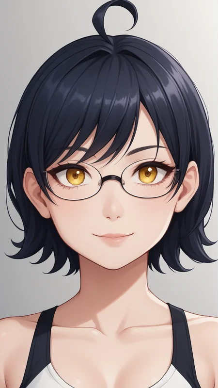 score_9, score_8_up, score_7_up, BREAK source_anime, best quality, masterpiece, ultra detailed,
<lora:Everlasting_Summer_Zhenya_by_GraffMetal:0.8>, zhenya, short hair, yellow eyes, ahoge, glasses, black hair, 1girl, solo, right side bangs,
light smile,
black eyeliner cat eye, piink lips,
black-white sport top,
amazing background, looking at the camera, looking at the viewer, in gym, portrait, close