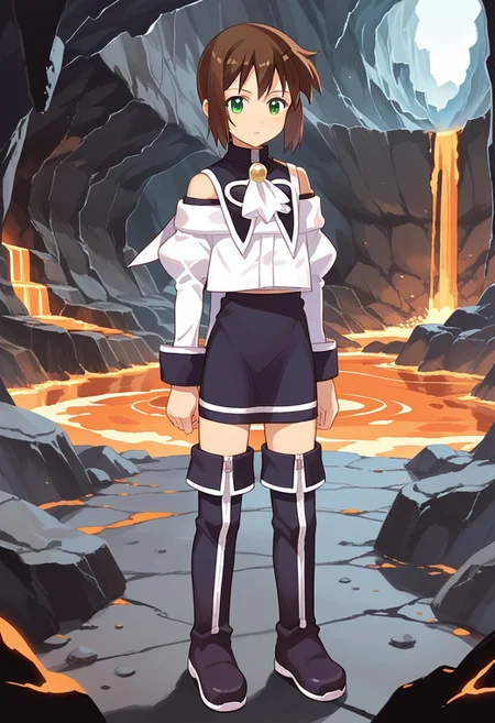 score_8, score_8_up, score_7_up, source_anime, anime screenshot, 1girl, female focus, solo, Natsumi_SN1, green eyes, brown hair, short hair, bangs, sidelocks, short hair with long locks, capelet, neck bell, ascot, off-shoulder shirt, bare shoulders, juliet sleeves, long sleeves, sleeve cuffs, circle skirt, fold-over boots, thigh boots, zettai ryouiki, magma, lava, underground, cave, full body, looking at viewer, standing, arms at sides