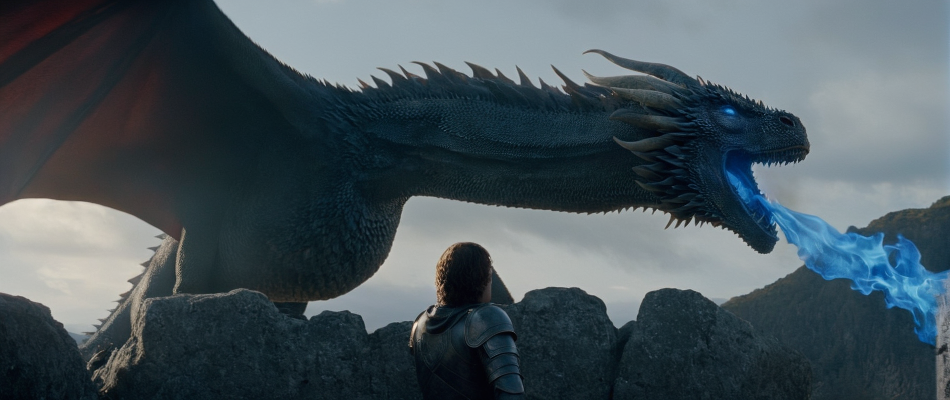 cinematic film still of  <lora:Game of Thrones style:1>
 <lora:Film Grain style:0.5> Film Grain style
 <lora:Chiaroscuro Lighting Style:0.6> Chiaroscuro Lighting style
In medieval times Dragon a fire breathing dragon with a blue flame coming out of its mouth,open mouth,1boy,outdoors,sky,teeth,sharp teeth,scenery,1other,blue theme,fantasy,dragon,riding , cinematic, film, movie still, movie style, film style, fantasy drama, epic drama, dramatic light, dramatic shadow, fictional, Age of Wonders, Age of Empires, warriors,  Medieval style, middle ages, dungeons and dragons style, contrast, color, different people, different, unique, kingdoms and castles style, violent, aggressive, detailed, perfection, detailed face, detailed body, detailed hands, detailed eyes, sharp, Game of Thrones style, shallow depth of field, vignette, highly detailed, high budget, bokeh, cinemascope, moody, epic, gorgeous, film grain, grainy