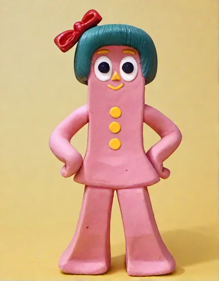 score_9, score_8_up, score_7_up, 1girl, solo, minga1, green hair, pink skin, Claymation, hand on hip, looking at viewer, full body portrait, black eyes, red bow, yellow buttons, simple gradient background, <lora:minga1-000011:1>,
