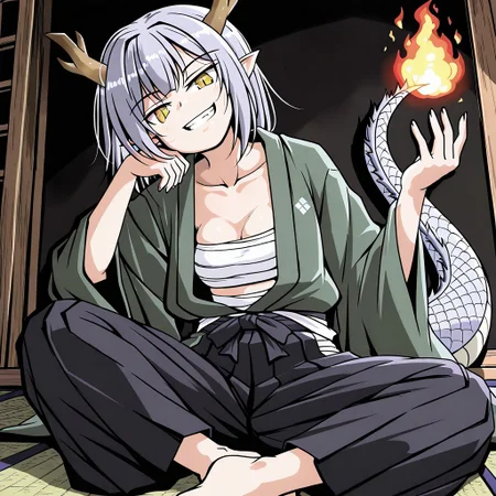 lazypos, girl focus, horns, sarashi, tail, solo, pointy ears, yellow eyes, 1girl, barefoot, smile, sitting, japanese clothes, dragon tail, looking at viewer, fire, grin, long sleeves, collarbone, head tilt, dragon horns, chest sarashi, open clothes, grey hair, fingernails, dragon girl, slit pupils, hakama, pants, hand up, wide sleeves, tsuzustyle
