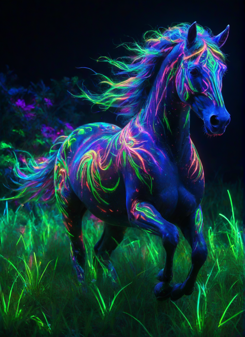 <lora:PE_NeonUV Style:0.8> PENeonUV, blacklight, neon,
beautiful mystical horse, galloping through a lush grass field, glowing,
illuminated by volumetric light,
masterpiece, high resolution, octance 4k, high detail,