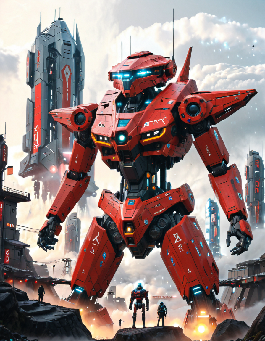 <lora:SW_Minis_7xlc:1> huge science fiction futuristic mech robot, illuminated, in the fog, tiny human, cyberpunk buildings in the far background, rocks, illuminated, war paint,