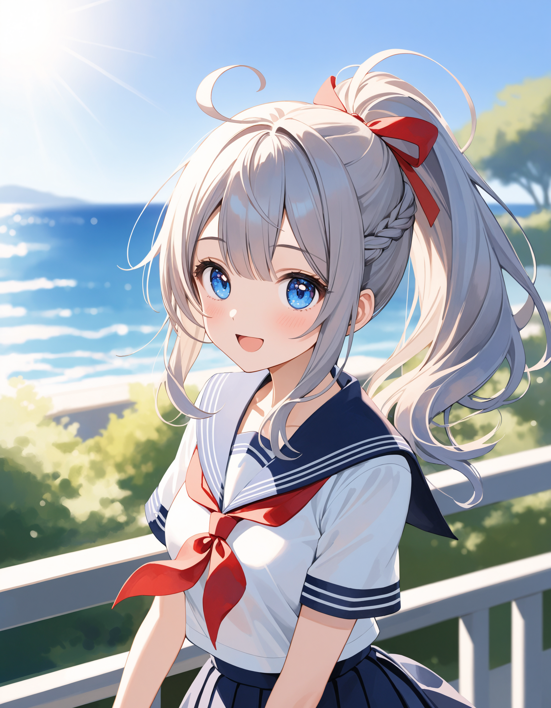 SceneDescription:
  - Composition: Portrait. Shooting from front.
  - Subject: A cute girl. (Chibi:0.45).
    - Characteristics:
      - Face: (Cute round face:1.1).
      - Eyes: Detailed dark-blue eyes.
      - Hair: Long wavy high (ponytail:1.2) with big ribbon hair ornament, (gray hair), (gray inner hair), left side french braid, ahoge and asymmetrical bangs.
      - Body: Detailed slender body. Medium breasts.
      - Clothing: School uniform. White sailor shirt, short sailor sleeves, navy sailor collar, red ribbon tie and navy pleated skirt.
      - Expression: Amused expression. Open mouth.
      - Posing: Stylish pose. Looking at viewer.
  - Background: Fashionable ocean view park.
    - Elements: Lush greenery. Blue sky. Lens flare.
Season: Summer.
Time: Daytime.
Lighting: Sunbeam:1.4).
ArtStyle: Watercolor. Traditional media. Blurry. Pale pastel colors.
Quality: Intricate details. Extremely detailed. Outstanding intricacies. (Masterpiece:1.2). (Best quality:1.2). (Absurdres absolutely resolution:1.4).
Mood: Serene atmosphere.