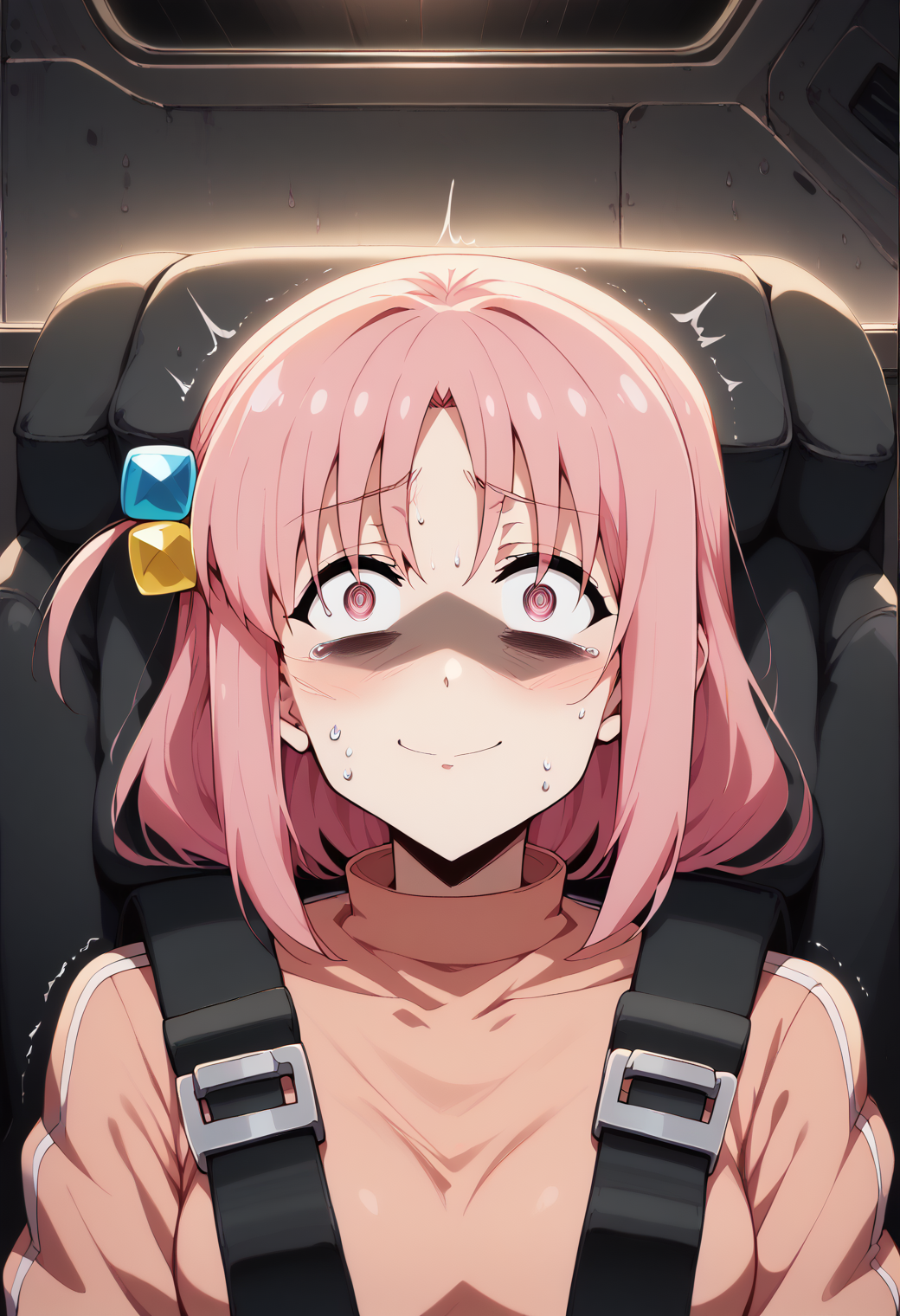score_9,score_8_up,score_7_up,  BREAK 
1girl, (gotoh hitori:1.2), bocchi the rock!, pink hair, thumbs up, looking at viewer, straight-on, upper body, gf0rc3xl, cockpit, seatbelt harness, dark room, pilot chair, solo, (laboratory outside cockpit window:1.4), wavy mouth, nervous, slight smile, trembling, <lora:2024-06-02_17-06-55-save-920-10-0:0.8>  <lora:Anime_Screencap:1> <lora:scenery_PonyXL_v01:1>