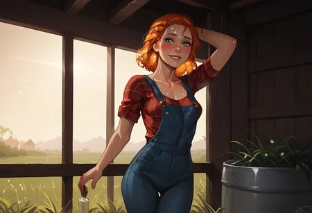very aesthetic, cute, sexy, hot, flushed, godrays,  blushing, ((vibrant, colorful)), detailed face, embarrassed, sweating profusely, masterpiece, dark colors, vibrant, textured skin, tight ass, perfect breasts, perfect ass, sweaty skin, sweat dripping, soft skin, volumetric lighting, motion lines, detailed background, natural tits,
1girl, yount, kawaii, 18yo, redhead hair, wild hair, viking braid, green eyes, pale shiny skin, (small breasts), (slender), narrow waist, cute face, shiny skin, farm girl, straw hat, wearing a red plaid shirt, wearing jean over alls, wearing brown work books, smile, ((in a barn)), ((milking cow))
BREAK 
score_9, score_8_up, score_7_up, score_6_up, source_cartoon, western_cartoon, rating_explicit, Expressiveh, (((Ganassa Artstyle))),  <lora:add-detail-xl:1>