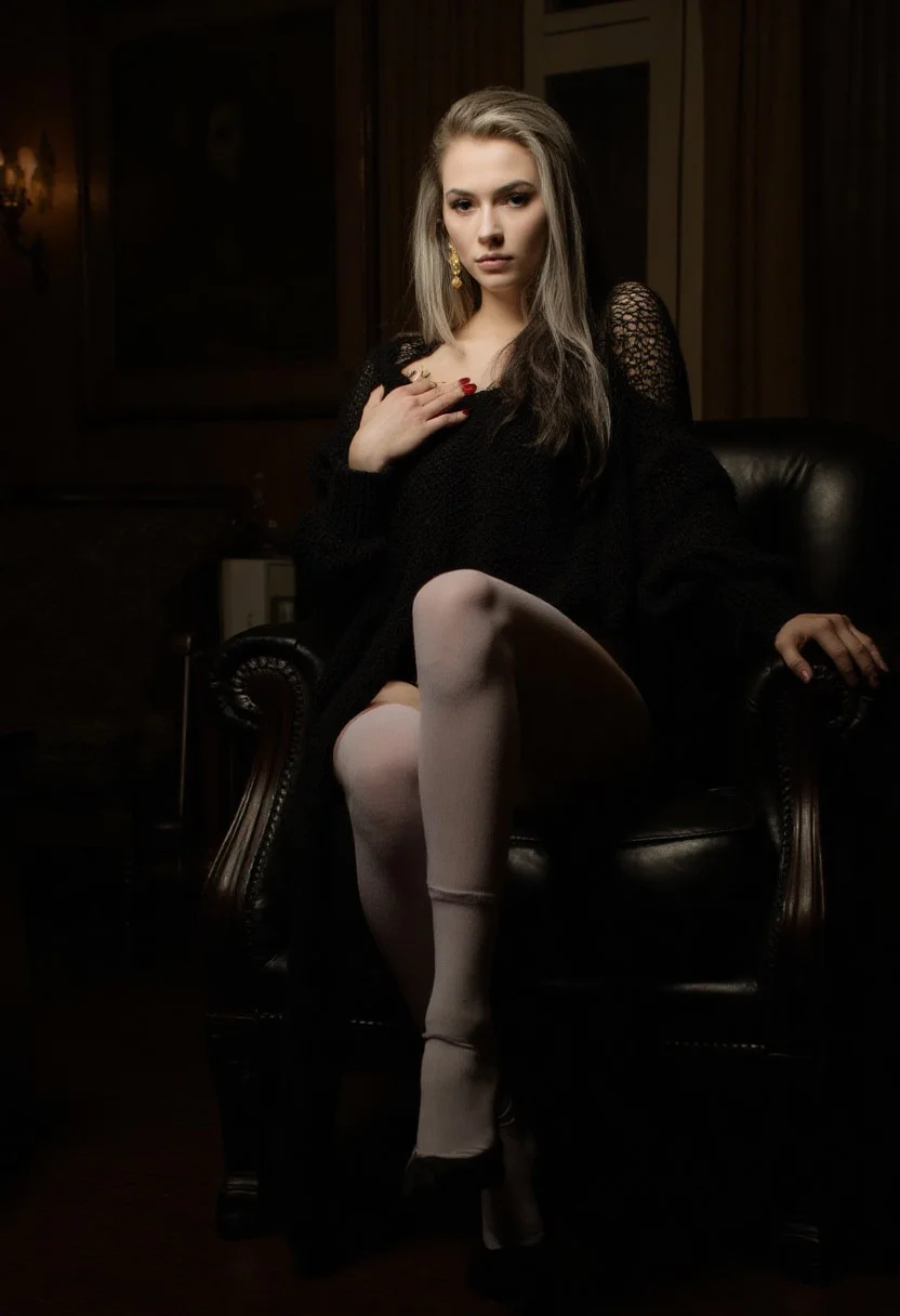 full length photo, sensual elite woman, sexy attire, photorealistic, glamour photography, artistic photo, seductive mature woman, sexy mature woman, sexy long grey hair with dark highlights, goddess of office, seductive makeup, black eyeshadow, black eyeliner. red nail polish. realistic skin. full length long black knit sweater that goes down to knees, one shoulder exposed, sitting on a black leather armchair, white nylon thigh highs, black high heel shoes. grey haired european woman, pale skin, slightly curvy body, blush, seductive image,serene, untouched beauty, lovely, detailed face, full body accent, seductive lips and makeup , blue eyes, sensual look, night time, background of a luxury office room with old style decoration. low lighting, sfw, raw, film grain, low key lighting, shot on Leica T, Miles Aldridge style photo, sensualism. enthusiastic woman. Drama_l1ght, dramatic light, dark background, shadows, chiaroscuro lighting, illuminated object,