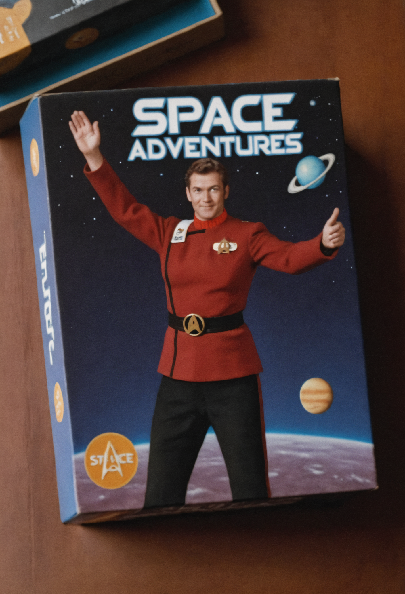 boardgame box on a table,game named "SPACE ADVENTURES",person in (twokunf red uniform with black pants:1.35) on the cover<lora:TWOKXL:0.8>