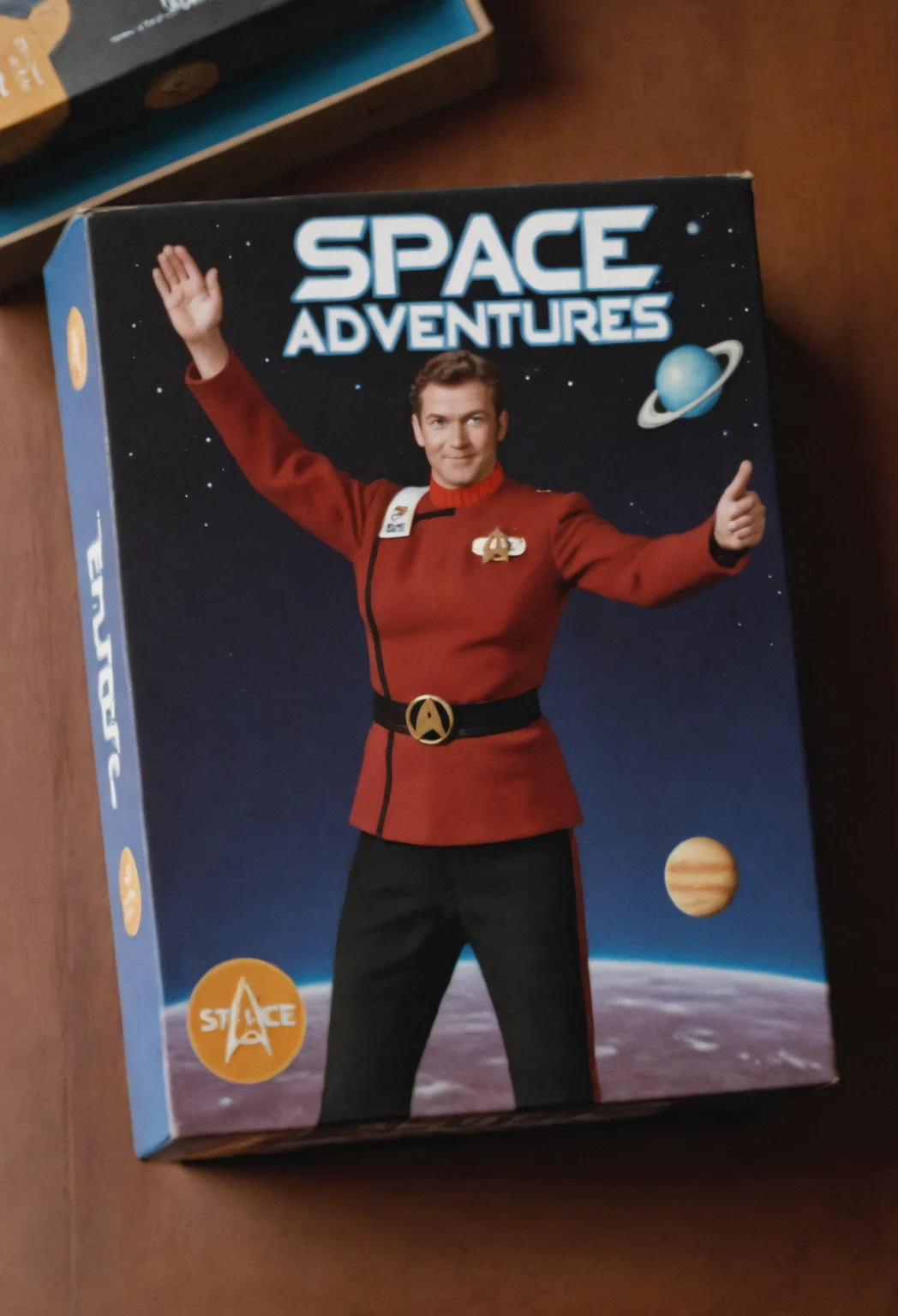 boardgame box on a table,game named "SPACE ADVENTURES",person in (twokunf red uniform with black pants:1.35) on the cover<lora:TWOKXL:0.8>