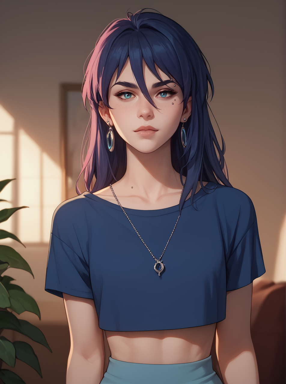 score_9, score_8_up, score_7_up, 1girl, cartoon, western animation, looking at viewer, flat colors,<lora:laurielpxl:1>, laurielpxl, piercing , blue top,