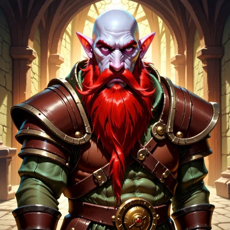 Dark-Fantasy-Cardd-Flux.V1.0 dark fantasy style illustration with Detailed hand, Perfect hand, that features a Dwarf, man with pale white skin, short posture wide shoulders, and long, massive red beard, the dwarf is wearing a leather armor and is looking at viewer direction