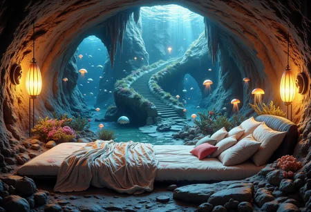 a subterranean cavern, accessed via a concealed entrance somewhere within the concrete jungle of a modern metropolis. Descending a spiraling staircase carved from solid limestone, one finds oneself standing at the base of a tremendous monolith of polished basalt, roughly the shape of a giant clam shell.
Upon this megalith reposes a plush mattress, layered with silken sheets printed with intricate designs resembling scallops and fan shells. Plump pillows embroidered with pearl-thread motifs invite weary visitors to sink into luxurious repose.
Overhead, luminaires shaped like pulsating jellyfish emit a mesmerizing kaleidoscope of color, shifting gradually through the spectrum from cool blues to warm amber hues. Their light filters down through the watery medium of the aquarium tanks lining the walls, causing schools of exotic fish to swim languidly among coral formations imported from the reefs of the South Pacific.
Through arched portholes framed in mother-of-pearl, one catches tantalizing glimpses of the teeming streets and skyscrapers of the city above, their steel-and-glass facades reflecting the dancing illumination of the submerged boudoir.
concept-art, fantasy, beautiful, painterly, detailed, textural, artistic,
beautiful, painterly, detailed, textural, artistic, aesthetic, intricate details, highly detailed, ultra-detailed, absurdres, unreal engine, octane rendering, high saturation, high contrast, vivid, vibrant, volumetric lighting,
CozySpookyStyle, aidmaMJ6.1