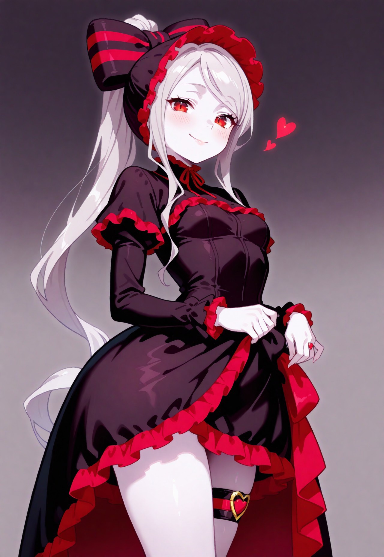 safe_pos, masterpiece, best quality, newest, highres, absurdres, 1girl, illushalltear, pale skin, red eyes, long hair, ponytail, hair bow, bonnet, black dress, long sleeves, frilled dress,, lifting skirt, thigh, small breasts,thigh strap, heart ring, skin detention,  smile  ,playfull, blush, looking at viewer,