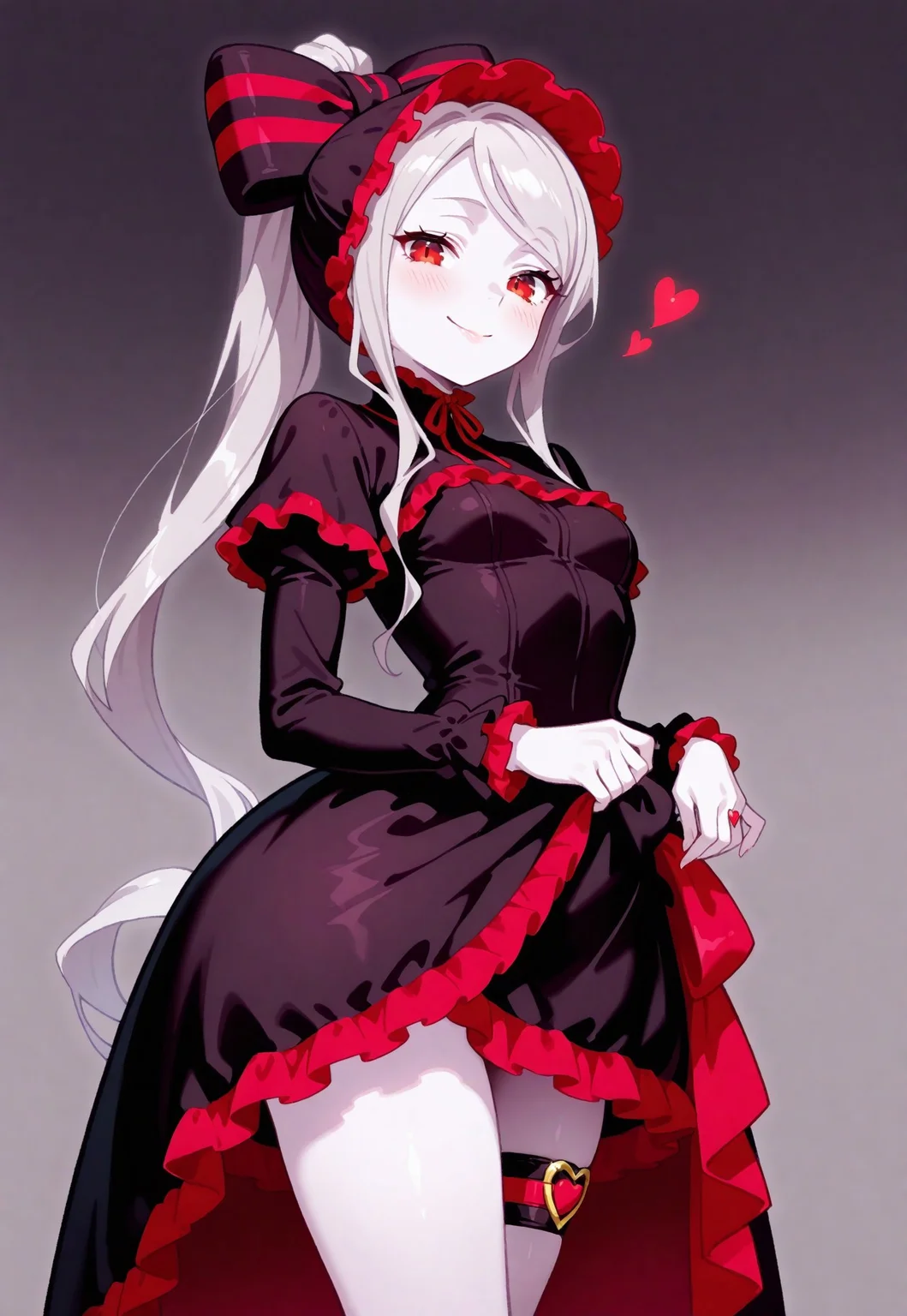 safe_pos, masterpiece, best quality, newest, highres, absurdres, 1girl, illushalltear, pale skin, red eyes, long hair, ponytail, hair bow, bonnet, black dress, long sleeves, frilled dress,, lifting skirt, thigh, small breasts,thigh strap, heart ring, skin detention, smile ,playfull, blush, looking at viewer,