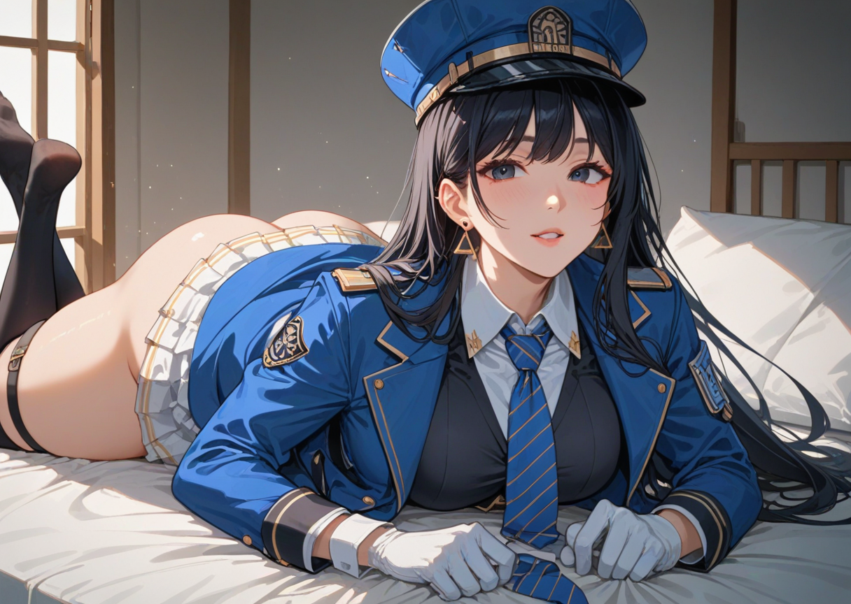 score_9, score_8_up, score_7_up, best quality, masterpiece, source_anime,  BREAK
<lora:Expressive_H:1> Expressiveh
 1girl, black hair, hat, necktie, thighhighs, blue necktie, gloves, white gloves, long hair,  skirt, black thighhighs, jacket, jacket on shoulder, white skirt,  vest, black eyes,  uniform, bangs, triangle earrings, collared shirt, blue jacket, parted lips, thigh strap, striped necktie, blue headwear  smile <lora:diesel:1>, lying on stomach with legs raised, lying on the stomach with legs raised, showcasing elegance and allure