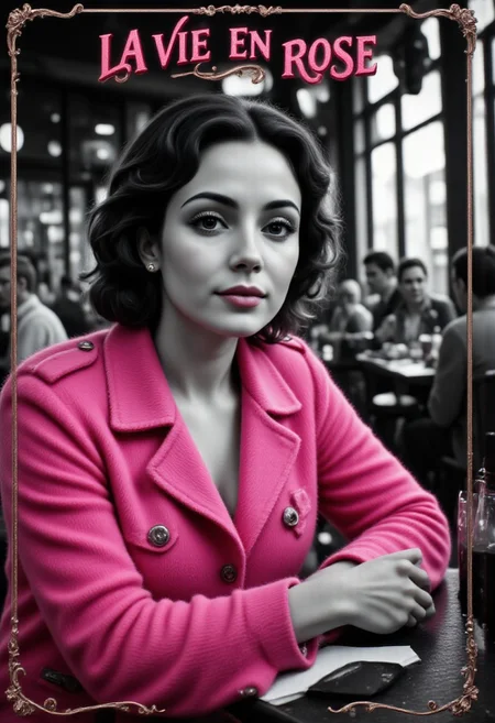 aidmaTextImprover,Hand,aidmaMJ6.1,Detailed skin,A black-and-white movie poster featuring a woman resembling Edith Piaf, with short, curly dark hair and expressive eyes. She wears a bright pink coat and sits at an outdoor bar terrace. Her gaze is emotional and direct. The title "LA VIE EN ROSE" is displayed in elegant French typography at the top.