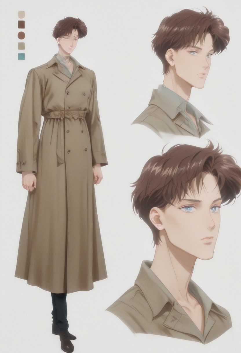 highres, hi res, best quality, masterpiece, intricate details, 4k, absurdes, anime style, detailed features, semi-realistic, painted style, detailed style, ((1boy)), ((solo)), [mamoru_chiba], (handsome anime guy), (beautiful face), [Crystal Movies Style], (alone), ikemenboys, CharacterDesignIllustrious, reference sheet, simple white background, (color guide:1.2), (multiple views), (full body), dynamic pose, well-defined features, Realistic facial features, [sharply defined jawline], 1nverness_c0at, long coat over dress shirt and slacks, loose-fitting clothing, [overdressed], [[scarf]], [clean-cut], [[fashionable]], detailed eyes, big anime eyes, (beautiful light blue eyes), piercing blue eyes, [glistening eyes], perfect eyes, glitter eyes, sparkling eyes, (high-placed eyes), [pointy chin], angular features, (sharp chin and jawline), sharp features, realistic features, defined features, bangs, detailed hair, short hair, (dark brown hair), (darker hair color), streak of grey hair, attractive features, [masculine], [weak], [frail], (high and narrow features), narrow shoulders, [stubble], [pointy nose], attractive, long features, [natural eyeliner], [popular guy], oval face, long face, detailed inner cheeks, sunken cheeks, strong cheekbones, dreamy, (handsome), [skinny], lanky, thin, small mouth, thin lips, (handsome ikemen), Caucasian, white, pinkish-pale skin, gaunt appearance, perfect face, [pretty boy], (handsome face), (gorgeous face), [manly face]