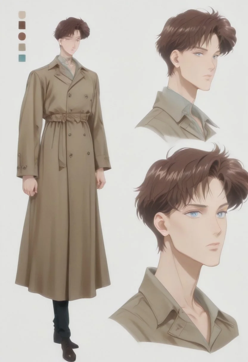 highres, hi res, best quality, masterpiece, intricate details, 4k, absurdes, anime style, detailed features, semi-realistic, painted style, detailed style, ((1boy)), ((solo)), [mamoru_chiba], (handsome anime guy), (beautiful face), [Crystal Movies Style], (alone), ikemenboys, CharacterDesignIllustrious, reference sheet, simple white background, (color guide:1.2), (multiple views), (full body), dynamic pose, well-defined features, Realistic facial features, [sharply defined jawline], 1nverness_c0at, long coat over dress shirt and slacks, loose-fitting clothing, [overdressed], [[scarf]], [clean-cut], [[fashionable]], detailed eyes, big anime eyes, (beautiful light blue eyes), piercing blue eyes, [glistening eyes], perfect eyes, glitter eyes, sparkling eyes, (high-placed eyes), [pointy chin], angular features, (sharp chin and jawline), sharp features, realistic features, defined features, bangs, detailed hair, short hair, (dark brown hair), (darker hair color), streak of grey hair, attractive features, [masculine], [weak], [frail], (high and narrow features), narrow shoulders, [stubble], [pointy nose], attractive, long features, [natural eyeliner], [popular guy], oval face, long face, detailed inner cheeks, sunken cheeks, strong cheekbones, dreamy, (handsome), [skinny], lanky, thin, small mouth, thin lips, (handsome ikemen), Caucasian, white, pinkish-pale skin, gaunt appearance, perfect face, [pretty boy], (handsome face), (gorgeous face), [manly face]