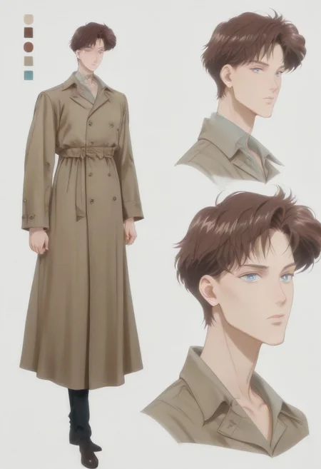 highres, hi res, best quality, masterpiece, intricate details, 4k, absurdes, anime style, detailed features, semi-realistic, painted style, detailed style, ((1boy)), ((solo)), [mamoru_chiba], (handsome anime guy), (beautiful face), [Crystal Movies Style], (alone), ikemenboys, CharacterDesignIllustrious, reference sheet, simple white background, (color guide:1.2), (multiple views), (full body), dynamic pose, well-defined features, Realistic facial features, [sharply defined jawline], 1nverness_c0at, long coat over dress shirt and slacks, loose-fitting clothing, [overdressed], [[scarf]], [clean-cut], [[fashionable]], detailed eyes, big anime eyes, (beautiful light blue eyes), piercing blue eyes, [glistening eyes], perfect eyes, glitter eyes, sparkling eyes, (high-placed eyes), [pointy chin], angular features, (sharp chin and jawline), sharp features, realistic features, defined features, bangs, detailed hair, short hair, (dark brown hair), (darker hair color), streak of grey hair, attractive features, [masculine], [weak], [frail], (high and narrow features), narrow shoulders, [stubble], [pointy nose], attractive, long features, [natural eyeliner], [popular guy], oval face, long face, detailed inner cheeks, sunken cheeks, strong cheekbones, dreamy, (handsome), [skinny], lanky, thin, small mouth, thin lips, (handsome ikemen), Caucasian, white, pinkish-pale skin, gaunt appearance, perfect face, [pretty boy], (handsome face), (gorgeous face), [manly face]