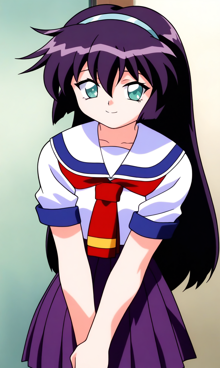 general,highres, ultra-detailed,very aesthetic,best quality ,best hands, BREAK  <lora:Amano_Misao_Pretty_Sammy_IS:1>
Amano_Misao, 1girl, solo, purple hair, long hair, bangs,  light blue hairband, green eyes,  hair between eyes, 
school uniform, purple skirt, short sleeves, pleated skirt, 
sailor collar, red neckerchief,
v arms, 
smile,looking at viewer, cowboy_Shot,