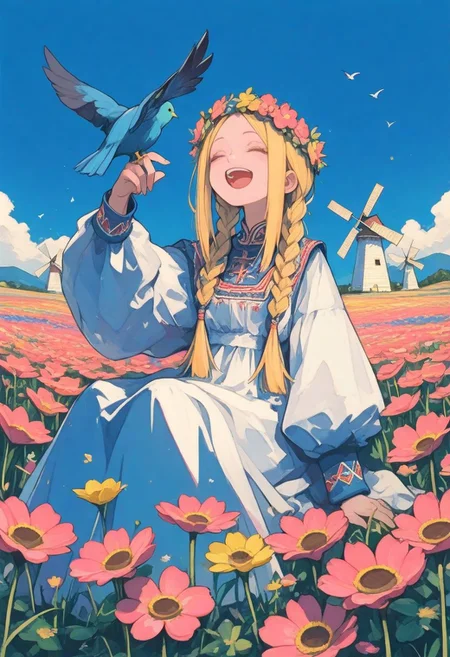 1 girl , solo , russian traditional dress , puffy sleeves , flower crown ,Hair Wreath , braided hair , twin braid , side braid , long hair , cheerful , happy , flower field , surreal , sunny , blue sky , flower ,closed eye , sitting , singing , music note , windmill faraway , bird , bird on hand ,
masterpiece, best quality ,amazing quality ,S4bit4mago_illu , xxx667_illu ,Protoneon , ma1ma1helmes_b_illu,